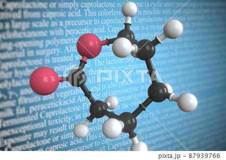 Molecular model of caprolactone, 3D rendering Molecular model of caprolactone, 3D rendering 87939766