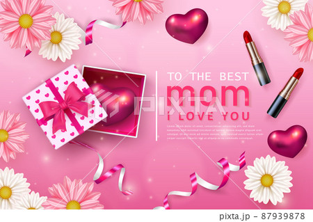 Happy mother's day daisty flower 3D red pink love heart cosmetic lipstic and present gift box with ribbon 87939878