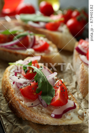 Concept of tasty food with bruschetta snacks 87940182