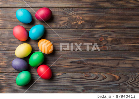 holiday preparation Multi colors Easter eggs on colored background . Pastel color Easter eggs. holiday concept with copy space holiday preparation Multi colors Easter eggs on colored background . Pastel color Easter eggs. holiday concept with copy space 87940413