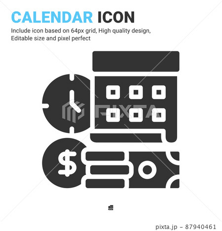 Calendar icon vector with glyph style isolated on white background. Vector illustration time sign symbol icon concept for business, finance, industry, company, apps and all project 87940461