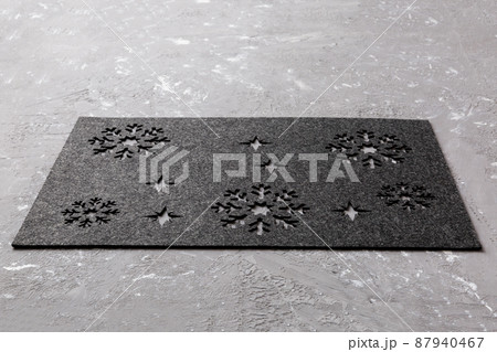 Perspective view of grey tablecloth for food on cement background. Empty space for your design Perspective view of grey tablecloth for food on cement background. Empty space for your design 87940467
