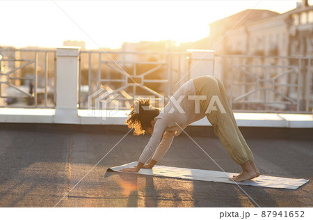 Young sporty happy mixed-race woman in sportswear doing stretching exercises while sitting on yoga mat on house roof in early morning Young sporty happy mixed-race woman in sportswear doing stretching exercises while sitting on yoga mat on house roof in early morning 87941652