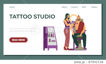Tattoo studio web page layout with master and client flat vector illustration. Tattoo studio web page layout with master and client flat vector illustration. 87942536