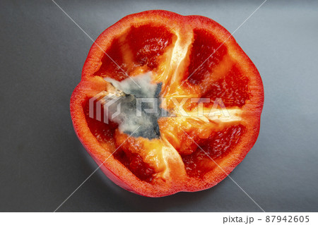 fungal mold on red sweet pepper. food vitamin vegetables and storage of fruits from spoilage 87942605