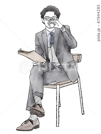 イラスト素材 椅子に座って飲み物を口にしながら新聞を読む男性の水彩手描きイラストのイラスト素材