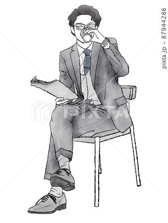 イラスト素材：椅子に座って飲み物を口にしながら新聞を読む男性の水彩手描きイラスト（モノクロ） 87944286