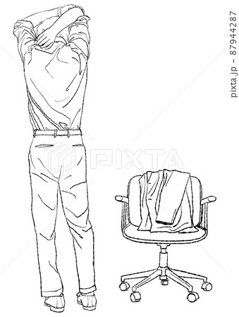 椅子にスーツの上着を掛けて立ち ストレッチをする男性の後ろ姿の手描きイラスト 線画のみ のイラスト素材