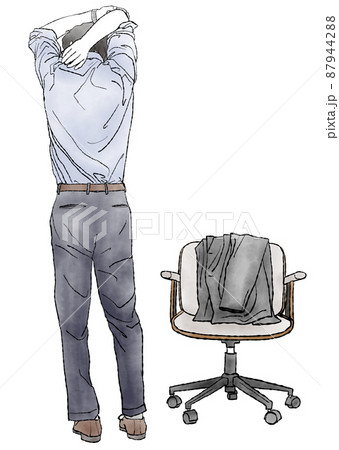 椅子にスーツの上着を掛けて立ち ストレッチをする男性の後ろ姿の手描き水彩イラストのイラスト素材
