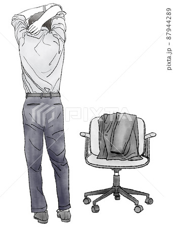 椅子にスーツの上着を掛けて立ち ストレッチをする男性の後ろ姿の手描き水彩イラスト モノクロ のイラスト素材