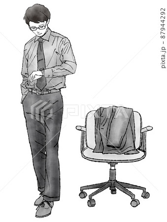 椅子にスーツの上着を掛けて立ち 腕時計を見ている男性の手描き水彩イラスト モノクロ のイラスト素材