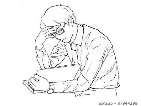 集中して本（書類・手帳）を読む男性の水彩手描きイラスト（笑顔バージョン・線画） 87944298