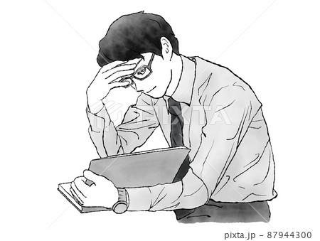 集中して本(書類・手帳)を読む男性の水彩手描きイラスト(笑顔バージョン・モノクロ) 集中して本(書類・手帳)を読む男性の水彩手描きイラスト(笑顔バージョン・モノクロ) 87944300