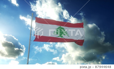 Flag of Lebanon waving at wind against beautiful blue sky. 3d rendering 87944648