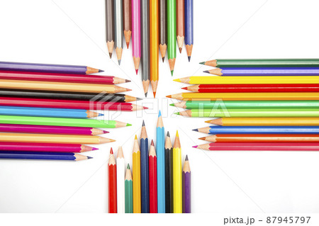 set of colored pencils for drawing on a white background. artistic creativity of drawing. set of colored pencils for drawing on a white background. artistic creativity of drawing. 87945797