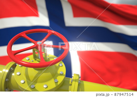 Pipe valve close-up and flag of Norway, 3d rendering Pipe valve close-up and flag of Norway, 3d rendering 87947514