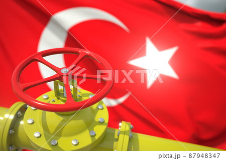 Oil or gas pipeline valve and flag of Turkey. 3d rendering Oil or gas pipeline valve and flag of Turkey. 3d rendering 87948347
