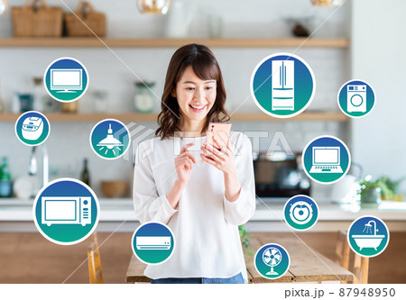 家でIoT家電をスマホで操作する若い女性 87948950