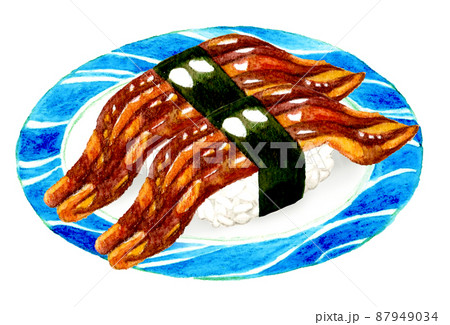 皿に乗った二貫のアナゴの握り寿司　日本料理の手描き水彩イラスト素材 87949034