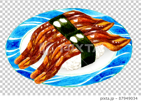 皿に乗った二貫のアナゴの握り寿司　日本料理の手描き水彩イラスト素材 87949034