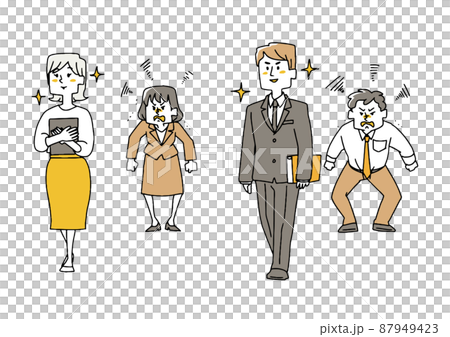 人を妬んでいる人々のセット コミカルな手書きの人物 ベクター 線画にシンプルな色つけ のイラスト素材