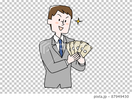 お金を見ながら考え事をする男性　コミカルな手書きの人物　ベクター、線画にシンプルな色つけ　 87949430