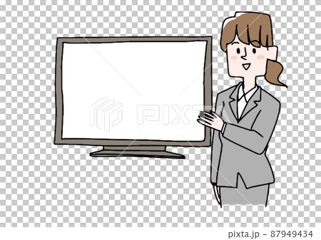 液晶画面を見せながら説明する女性 コミカルな手書きの人物 ベクター 線画にシンプルな色つけ のイラスト素材
