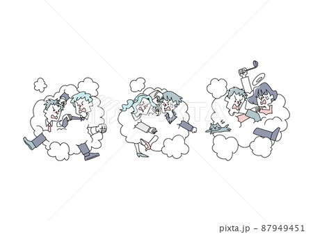 激しく喧嘩する様子 セット コミカルな手書きの人物 ベクター 線画にシンプルな色つけ のイラスト素材