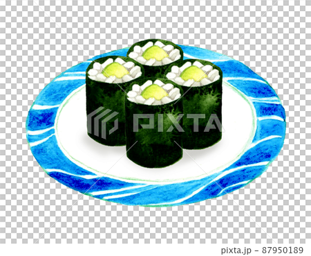 皿に乗った四貫のかっぱ巻き　日本料理の手描き水彩イラスト素材 87950189
