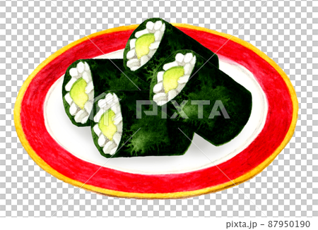 皿に乗った四貫のかっぱ巻き　日本料理の手描き水彩イラスト素材 87950190
