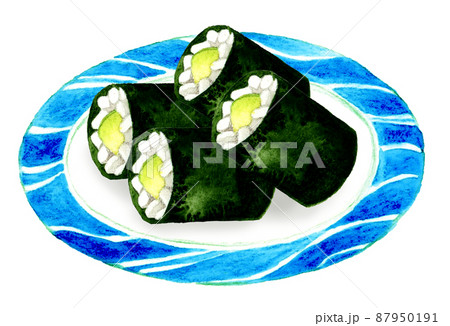 皿に乗った四貫のかっぱ巻き　日本料理の手描き水彩イラスト素材 87950191