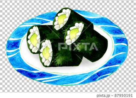 皿に乗った四貫のかっぱ巻き　日本料理の手描き水彩イラスト素材 87950191