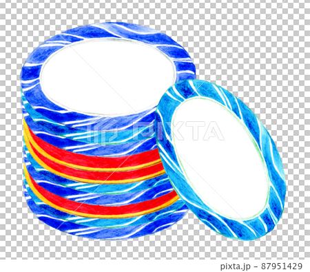 Stacked conveyor belt sushi plates, hand-painted watercolor illustration material of tableware Stacked conveyor belt sushi plates, hand-painted watercolor illustration material of tableware 87951429