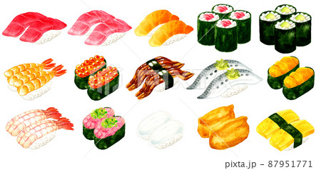 色々な種類のお寿司のセットイラスト 日本料理の手描き水彩イラスト素材集 色々な種類のお寿司のセットイラスト 日本料理の手描き水彩イラスト素材集 87951771