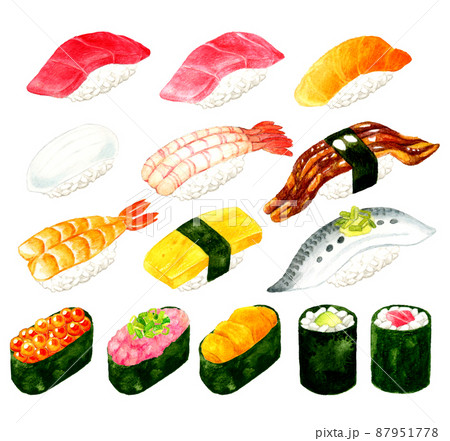 色々な種類のお寿司のセットイラスト　日本料理の手描き水彩イラスト素材集 87951778