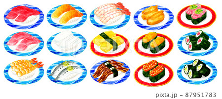 皿に乗った色々な種類のお寿司のセットイラスト　日本料理の手描き水彩イラスト素材集 87951783