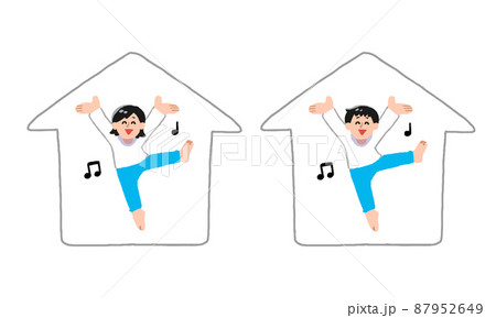 家で踊る私服男性女性（手描きカラー） 87952649