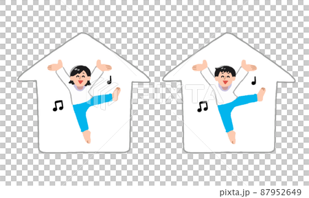 家で踊る私服男性女性（手描きカラー） 87952649