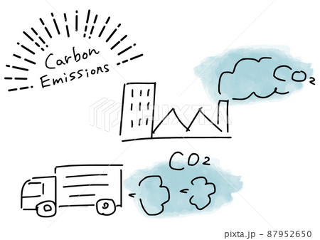 CO2を排出するトラックと工場のシンプル線画イラスト CO2を排出するトラックと工場のシンプル線画イラスト 87952650