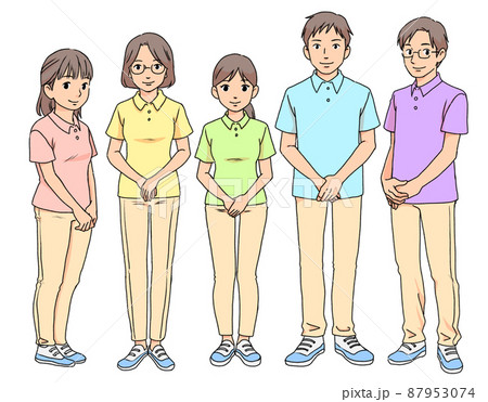 違う色の制服を着て並ぶ介護関係の仕事の職員のイラスト 違う色の制服を着て並ぶ介護関係の仕事の職員のイラスト 87953074