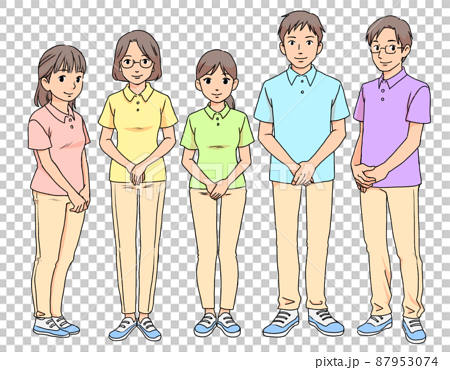 違う色の制服を着て並ぶ介護関係の仕事の職員のイラストのイラスト素材