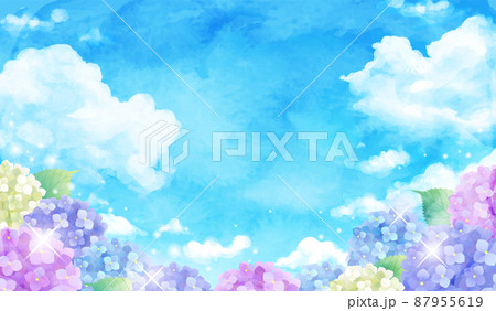 青空とアジサイの梅雨のベクターイラスト背景(水彩) 87955619