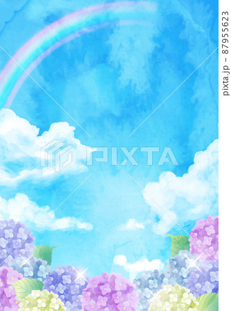 青空と虹とアジサイの梅雨のベクターイラスト背景(水彩) 87955623