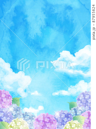 青空とアジサイの梅雨のベクターイラスト背景(水彩) 87955624