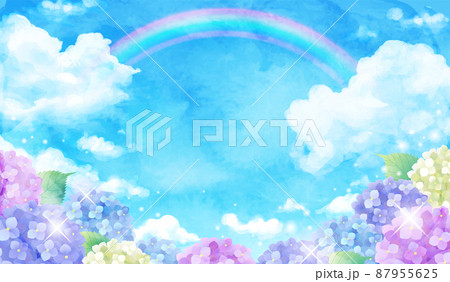 青空と虹とアジサイの梅雨のベクターイラスト背景(水彩) 87955625