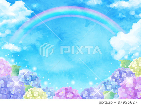 青空と虹とアジサイの梅雨のベクターイラスト背景(水彩) 87955627