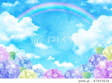 青空と虹とアジサイの梅雨のベクターイラスト背景(水彩) 87955628