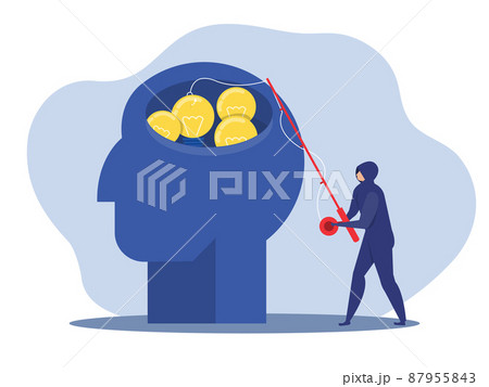 Thief in mask fishing lightbulb from man head. Business idea thief. Concept illustrator vector. 87955843