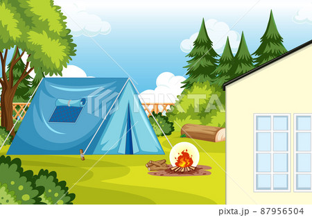 Scene of backyard with camp and campfire Scene of backyard with camp and campfire 87956504
