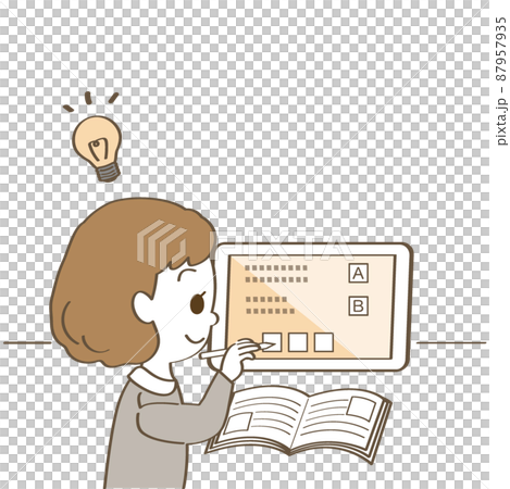 Illustration material: Elementary school student with a smile who is enthusiastic about learning tablets (girl / light bulb mark / single color with main line / pen) 87957935